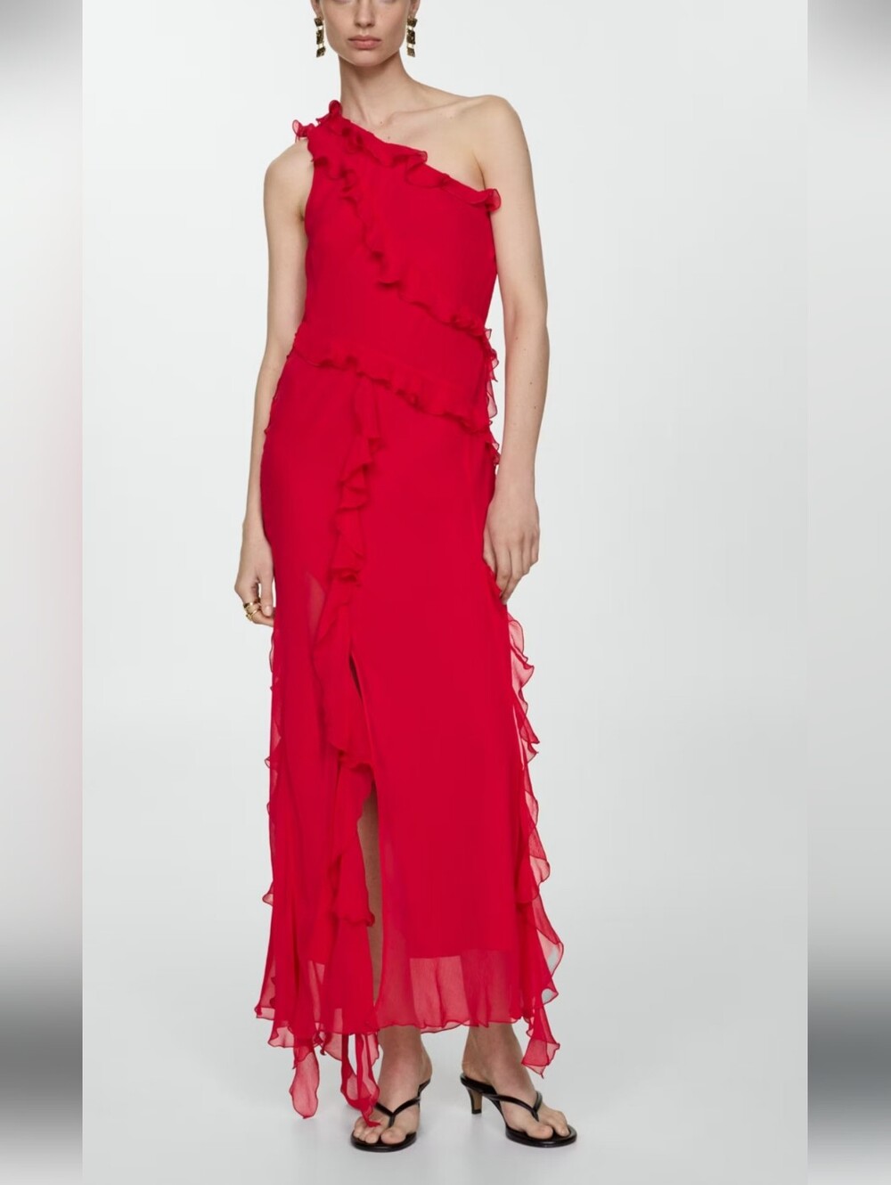 MNG (Mango) brand One-Shoulder Ruffle Maxi Dress in Red size XS (2) new with tag